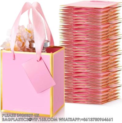 China Pink, Gold Metallic Foil Paper Gift Bag With Handle Bulk Favor Bag With Tag For Valentine Wedding Promotional Gift for sale