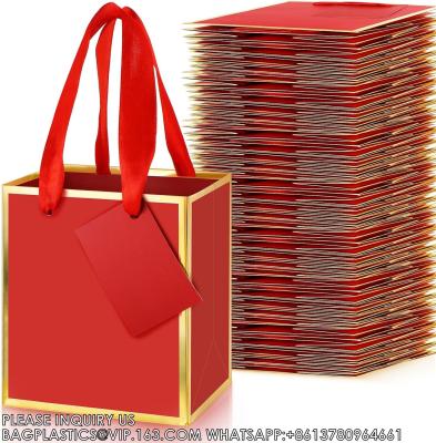 China Red, Gold Metallic Foil Paper Gift Bag With Handle Bulk Favor Bag With Tag For Valentine Wedding Gift Package for sale