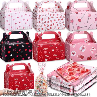 China Valentine'S Day Treat Box Gift Bag 6 Patterns Heart Prints Cardboard Box Goody Bag Candy Cookie Gable Box for sale