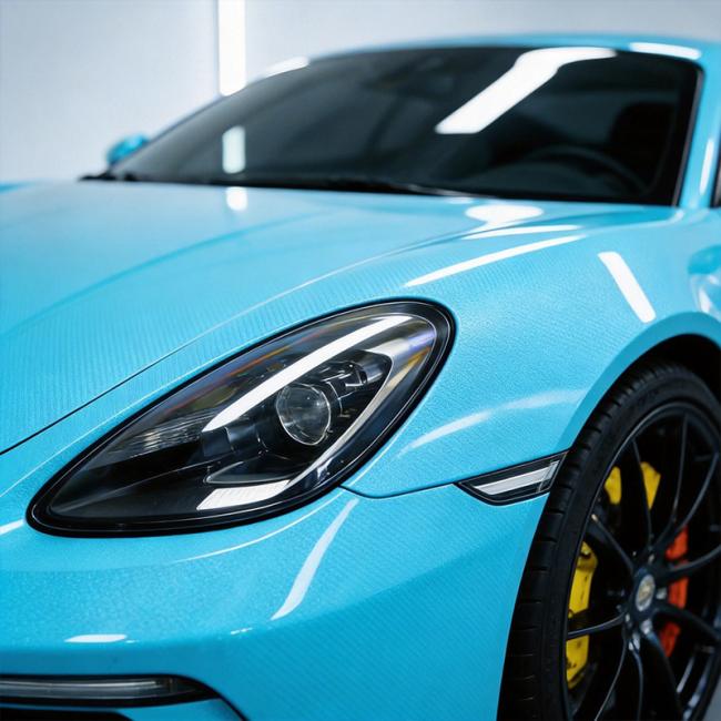 Finished vehicle wrap with Ice Cream Blue color change protection film