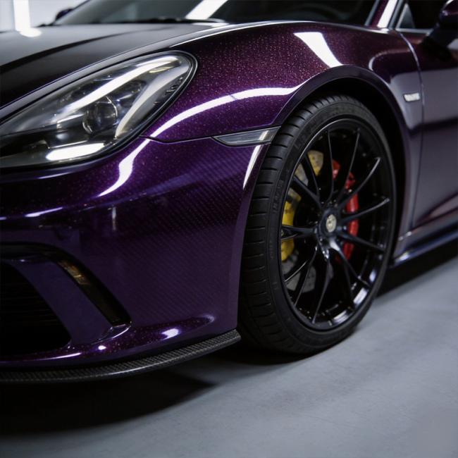 Finished vehicle with Super Purple TPU paint protection film showcasing vibrant color