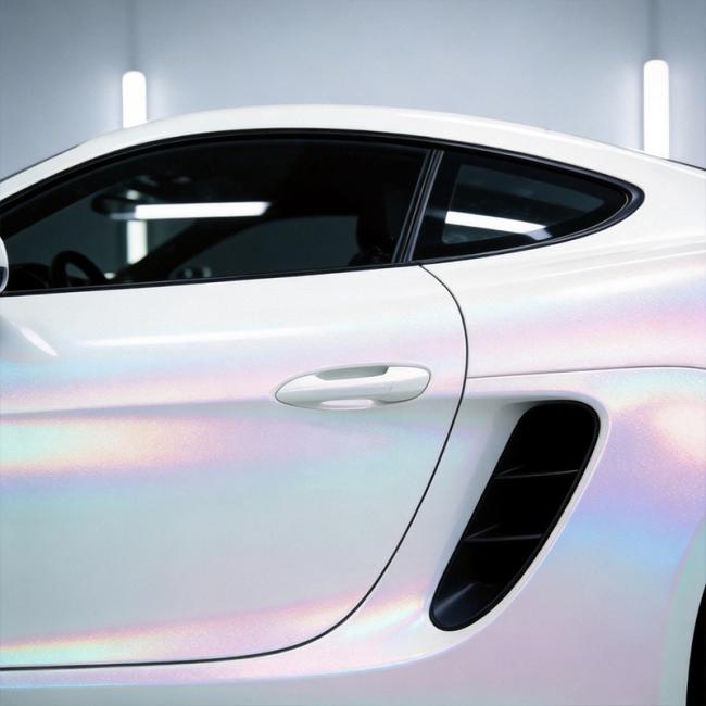 Finished vehicle wrap with Aurora Frost White satin finish