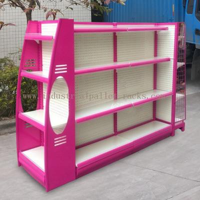 China Multi Sizes 4 Levels Metal Gondola Shelving Double Side Display Racks Pink For Retail shop for sale