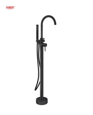 China Matt Black Brass Freestanding Bathtub Faucets With Diverter Single Lever Floor Mounted for sale