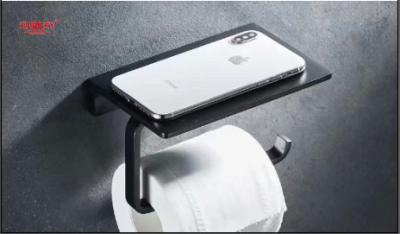 China Porta-papéis de higiene de zinco montado na parede porta-papéis de tecido porta-papéis de rolo porta-papéis de cor preta com prateleira para telemóvel à venda