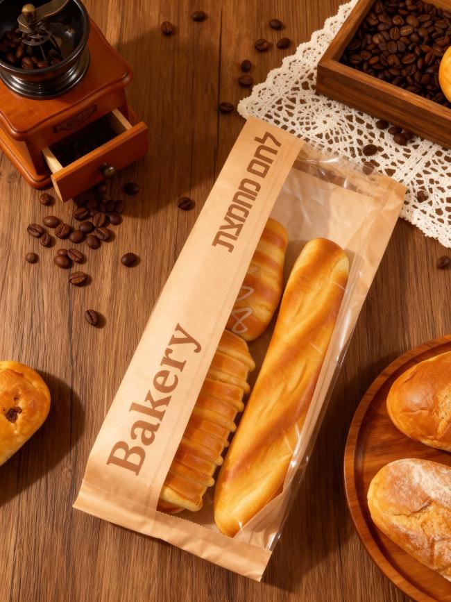 Customized Window Flat Satchel Kraft Paper Bag With Clear Window Use For Bakery Bag Bread Bag Food Bag
