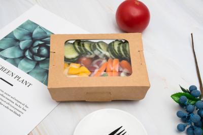 China Fiambrera de papel amistosa de Eco 650ml Kraft de la comida de las cajas para llevar disponibles de la ensalada con la ventana del PE en venta