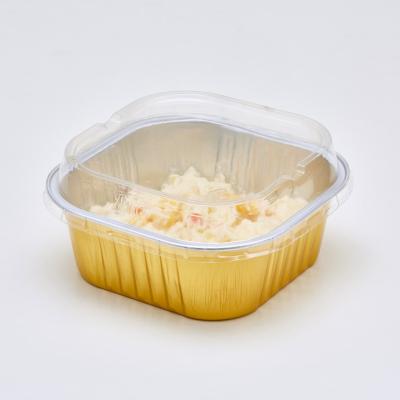 China Gold Disposable Aluminium Foil Food Container Tin Foil Food Trays Turkey Baking Pans With Plastic Heat Seal Lid for sale