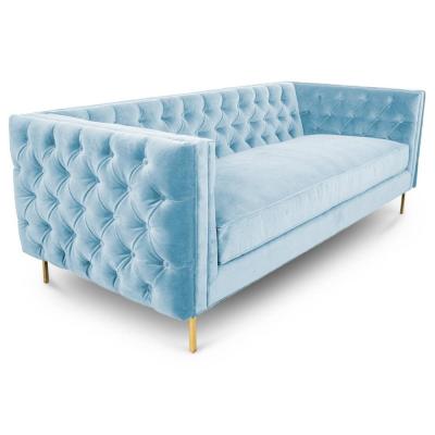 China Blue Velvet Fabric Sofas And Chairs , Contemporary Fabric Sofa Golden Metal Base for sale