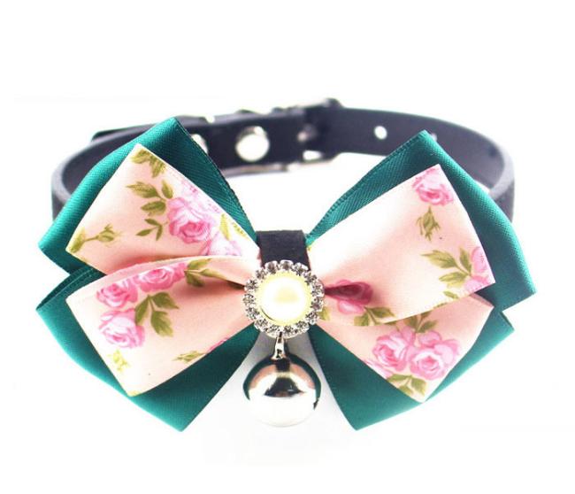 Cute Lace Bowtie with Bell Dog Collars Leather Pet Leads