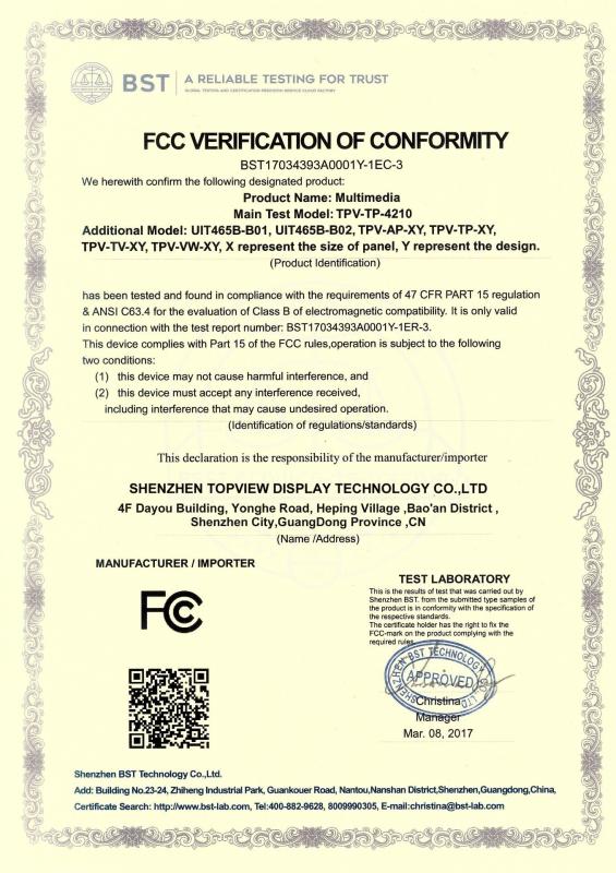FCC certificate - Shenzhen Topview Display Technology Co.,Ltd