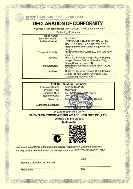 C-TICK certificate - Shenzhen Topview Display Technology Co.,Ltd