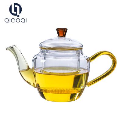China Promotional gifts 400ml Glass Personalized Tea Pots With Colored Handle and Lid Made in China for sale