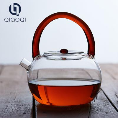 China New Style Handmade glass tea pot with color handle for sale