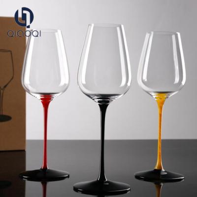China Hot sale new design handmade blown lead free goblet red wine glass with black stem for sale
