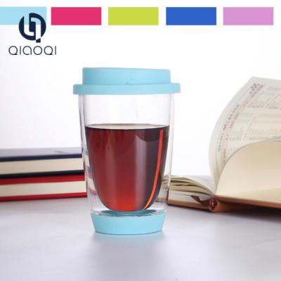 China Promotional double wall glass coffee cup with silicone cap 350ml manufacturer for sale