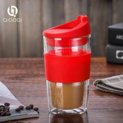 China Hot sale 350ml borosilicate glass double wall coffee cup with lid silicone bottom and lid for sale