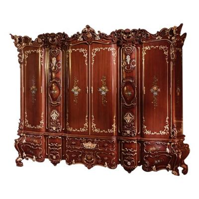 China Handmade Carved Bedroom European Style Closet Red Four Door Wooden Wardrobe for sale