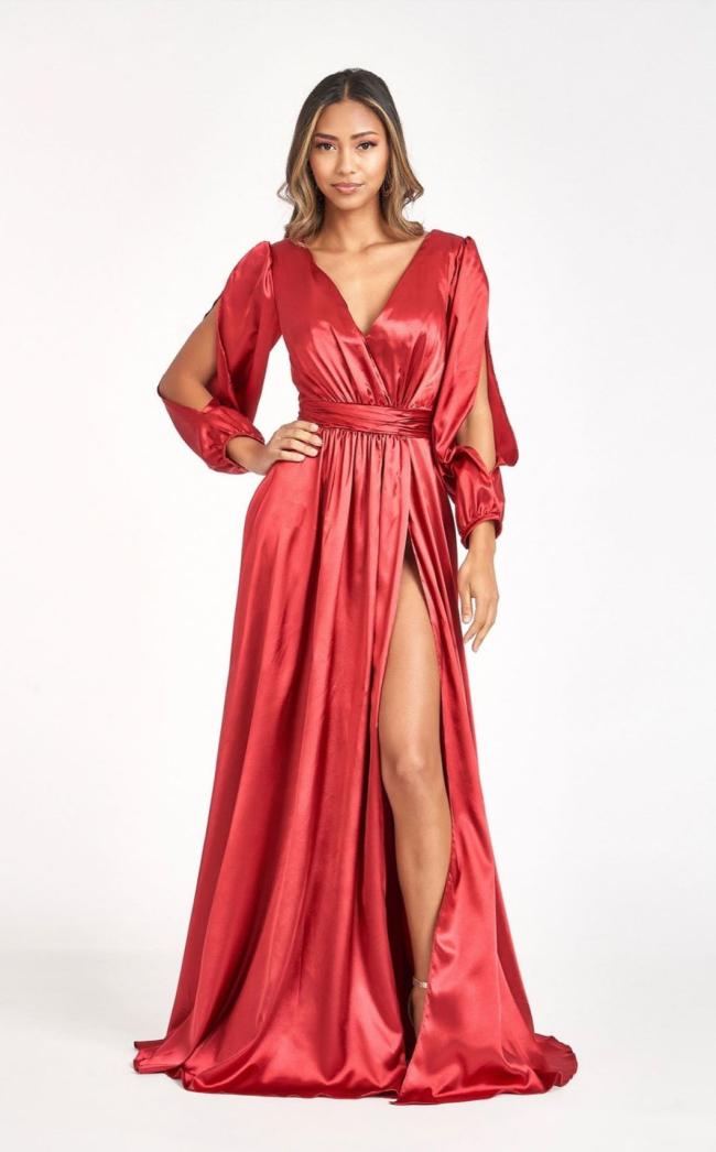 Tantalizing V-Neckline A-Line Slit Maxi Satin Long Bridesmaid Dress
