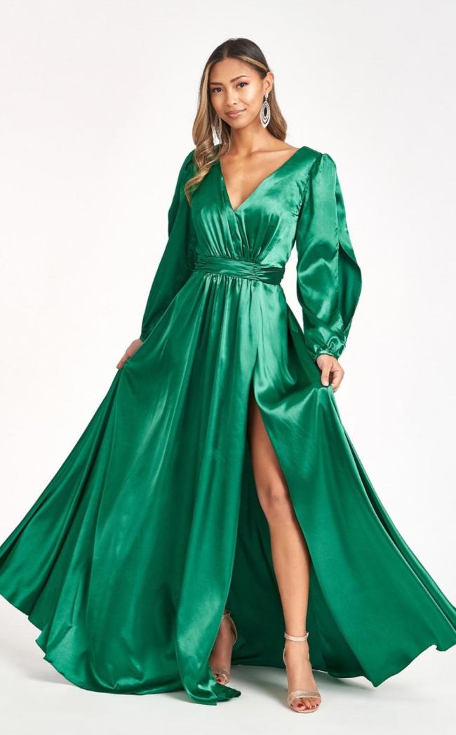 Tantalizing V-Neckline A-Line Slit Maxi Satin Long Bridesmaid Dress