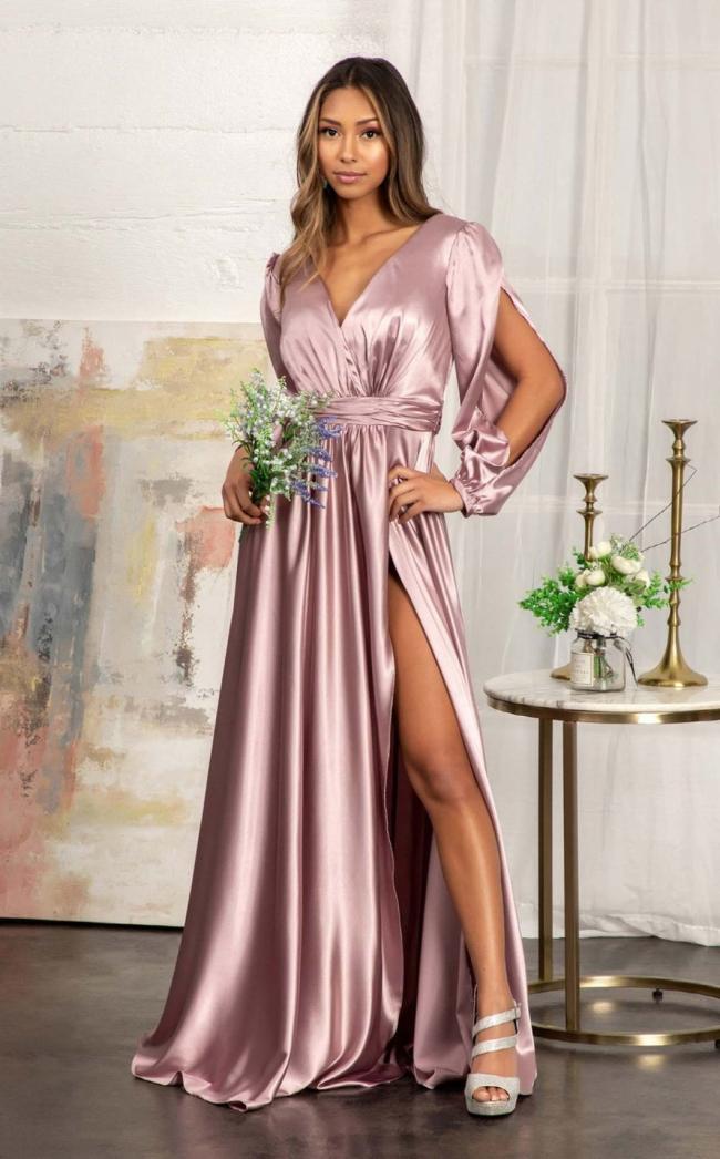 Tantalizing V-Neckline A-Line Slit Maxi Satin Long Bridesmaid Dress