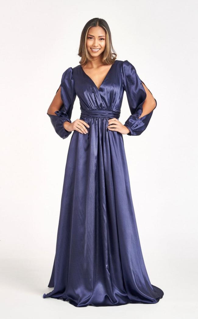 Tantalizing V-Neckline A-Line Slit Maxi Satin Long Bridesmaid Dress