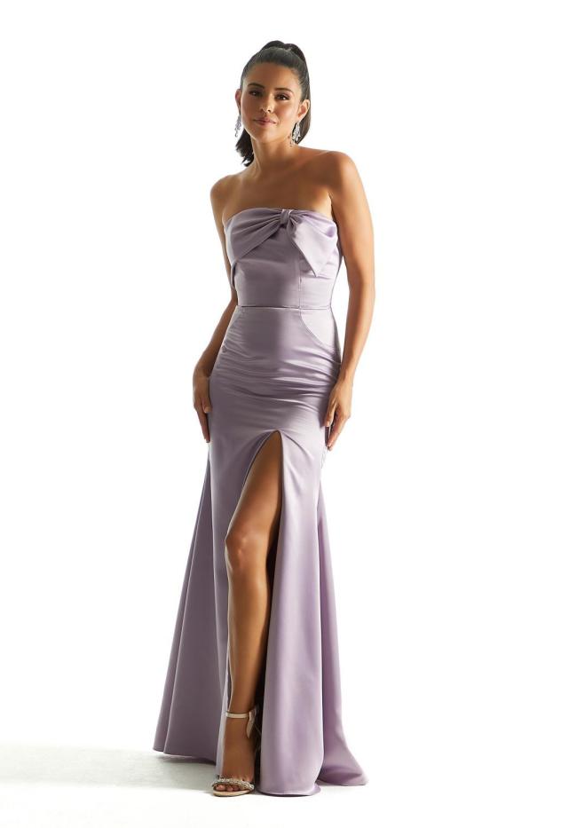 New Strapless High Slit Fit and Flare Satin Bridesmaid Dress with Bow Neckline