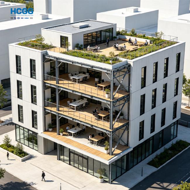 Modern steel structure office building with glass curtain wall facade and multi-story steel frame construction