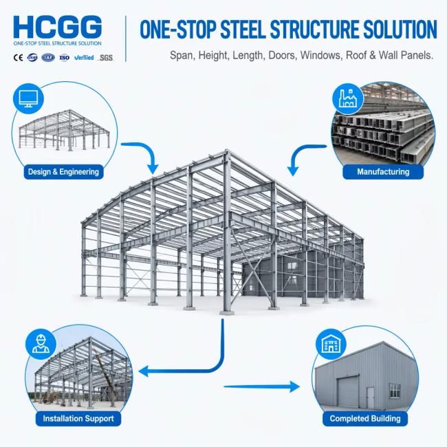 Industrial steel structure building with high-strength steel columns and roof trusses, showing the primary load-bearing frame during construction