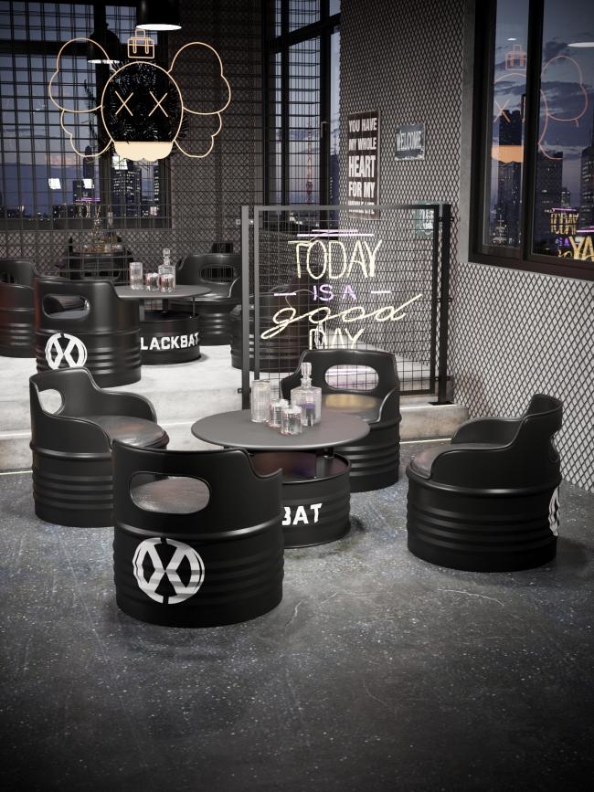 Oil bucket table and chair set in outdoor dining area