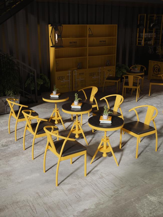 Iron storage stools and table set arrangement for commercial use