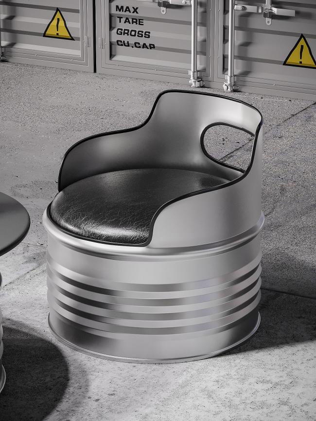 Close-up view of oil drum furniture chair with metal frame and PU leather upholstery