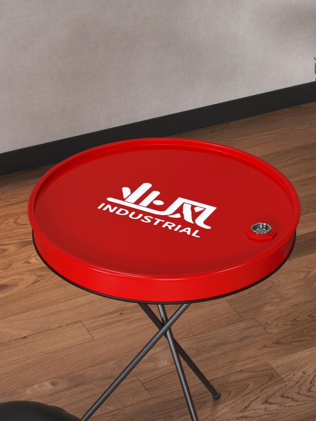 Close-up view of iron oil drum table and chair construction