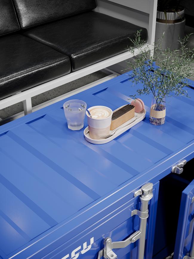 Industrial-style container office reception and tea table in use