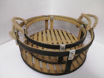 China 12.8 Inch Bamboo And Metal Food Storage Basket With Rope Handle Tray for sale
