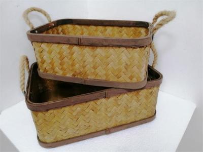 China Beige Woven Rectangle Basket Set With Rope Handle for sale