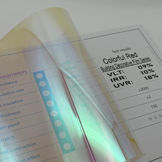 Colorful Red window film sample roll showing size and packaging