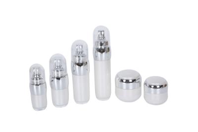 China Sliver Pump/Cap White Acrylic 15-30-50-100ml Lotion Bottle 30-50g Crean Jar Skincare Cosmetic Set for sale