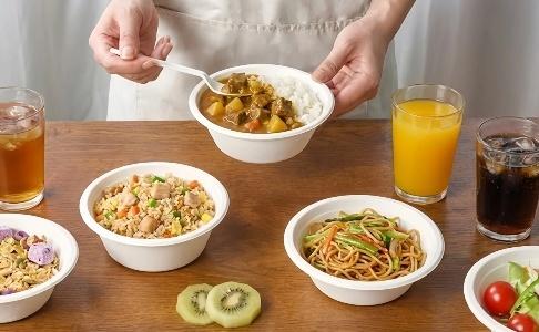 Disposable sugarcane bowl containing vegetable curry with rice