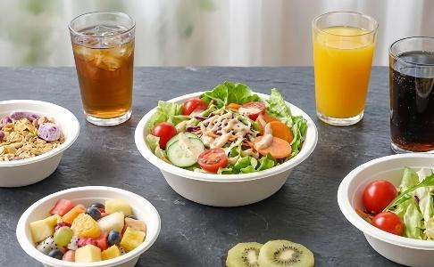 12oz compostable bagasse bowl serving fresh salad with dressing