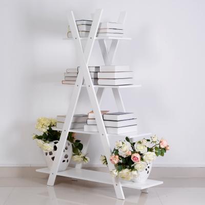 China KD Package 4 Layer Foldable X Shaped Wooden Corner Bookshelf for sale