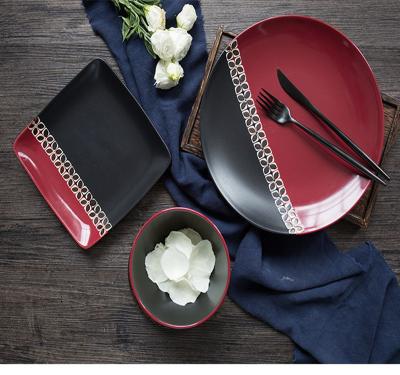 China Matte Black And Red 8 Inch Plate Porcelain Dinnerware Set Square for sale