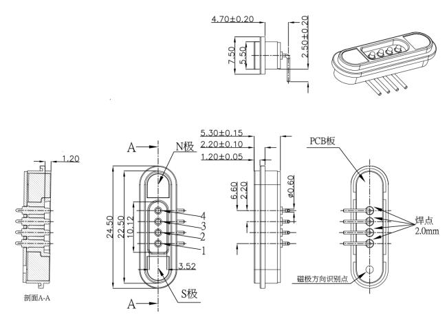Technical drawing of 4Pin Male Magnetic Connector