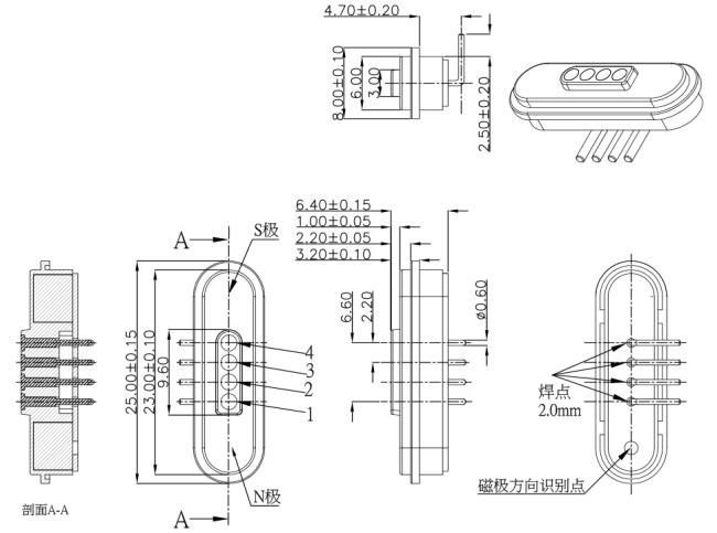 Technical drawing of 4Pin Female Magnetic Connector