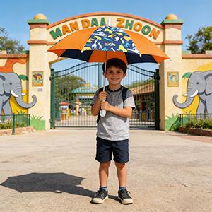 Zoo Safari children's umbrella featuring cute animal prints in orange and navy blue colors