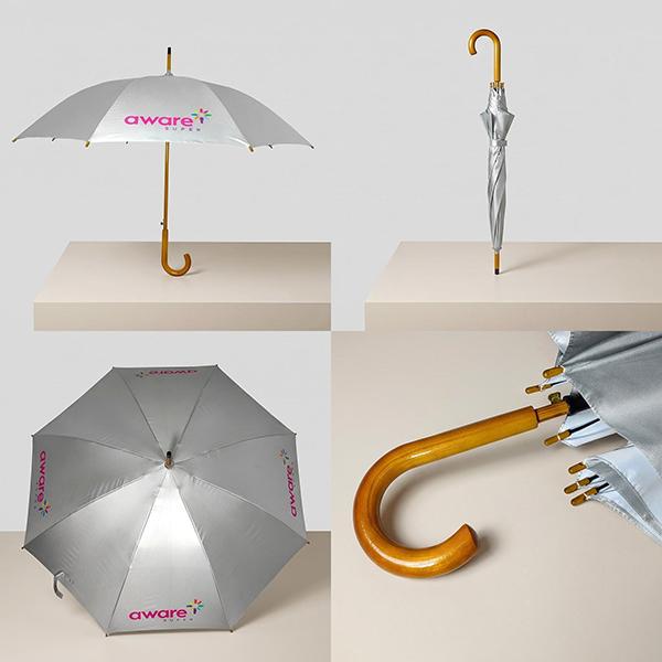Custom branded corporate gift umbrella with wooden handle and silver canopy