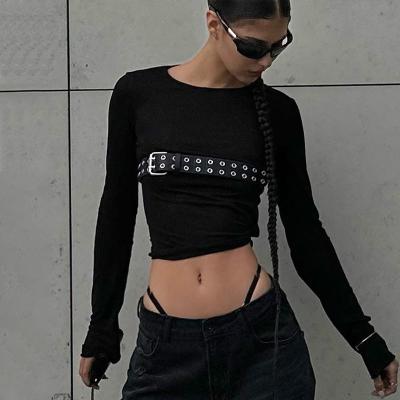 China Fashion Spice Sexy Tight T Shirts Round Neck Slim Long Sleeve T Shirt Solid Pattern for sale