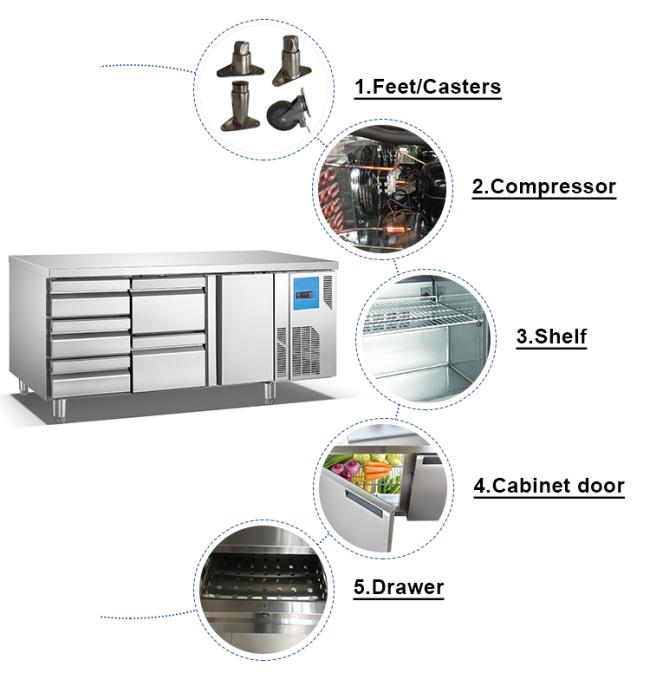 Single-Temperature 2/4/6 Drawer Workbench Portable Under Counter Refrigerator/Cooler Cabinet Air Cooling for Workbench Home Use