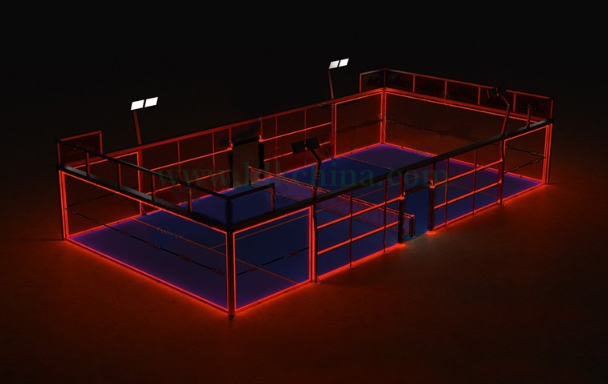 Illuminated panoramic outdoor padel court with advanced LED lighting system