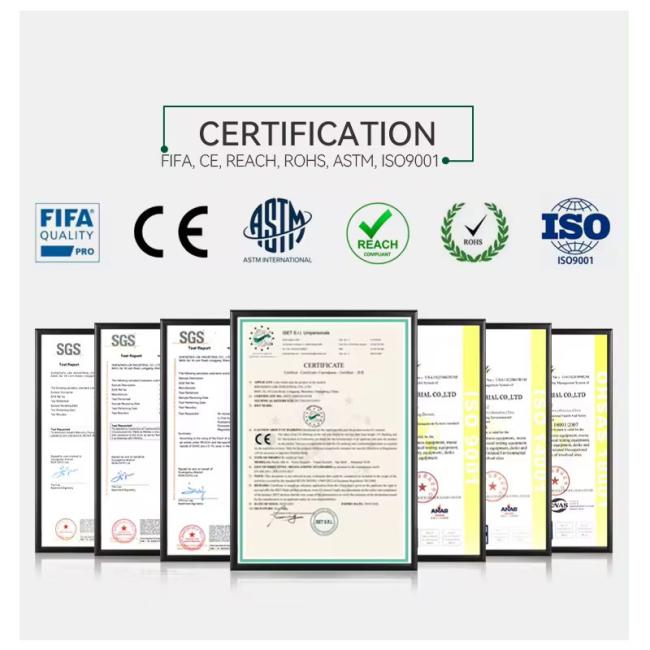 Product certification documents including ISO and sports federation approvals
